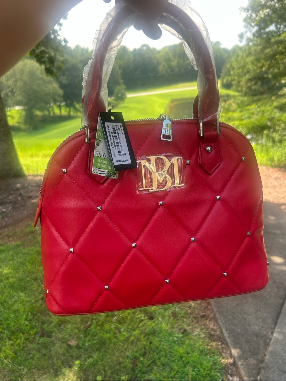 Badgley Mischka Red Quilted Dome Satchel | Gold Logo | Top Handle | Crossbody